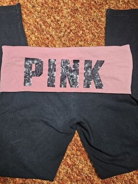 PINK Victoria's Secret Black Leggings with Pink Foldover Waist and Sequin Logo